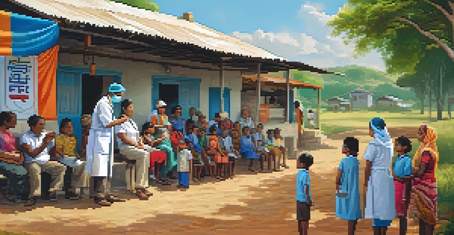 A healthcare worker administering a vaccine to a child during an outdoor vaccination campaign in a rural community.