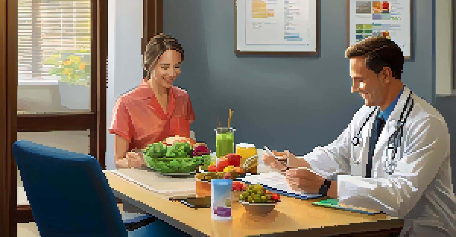 A healthcare provider and a patient discussing a meal plan with a tablet showing healthy food options in a cozy office.