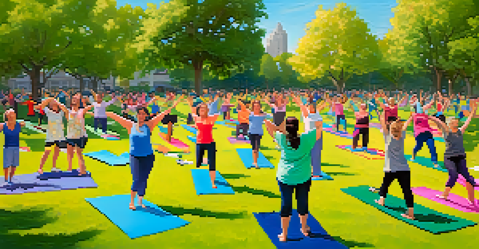 A lively outdoor laughter yoga session in a sunny park with diverse participants enjoying laughter exercises.