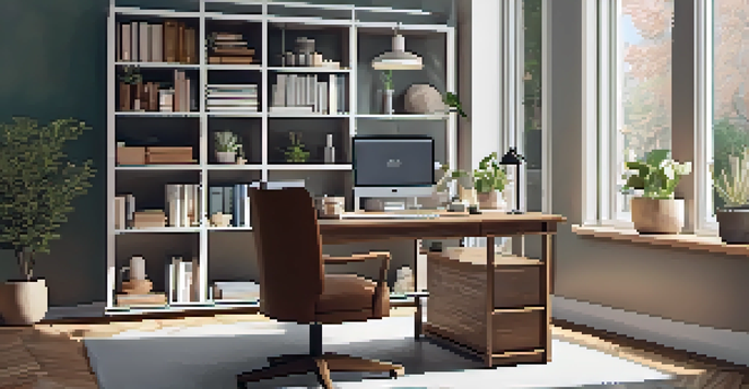 A cozy home office with a desk by a window, featuring a laptop, a plant, and a coffee cup, with a warm, inviting atmosphere.