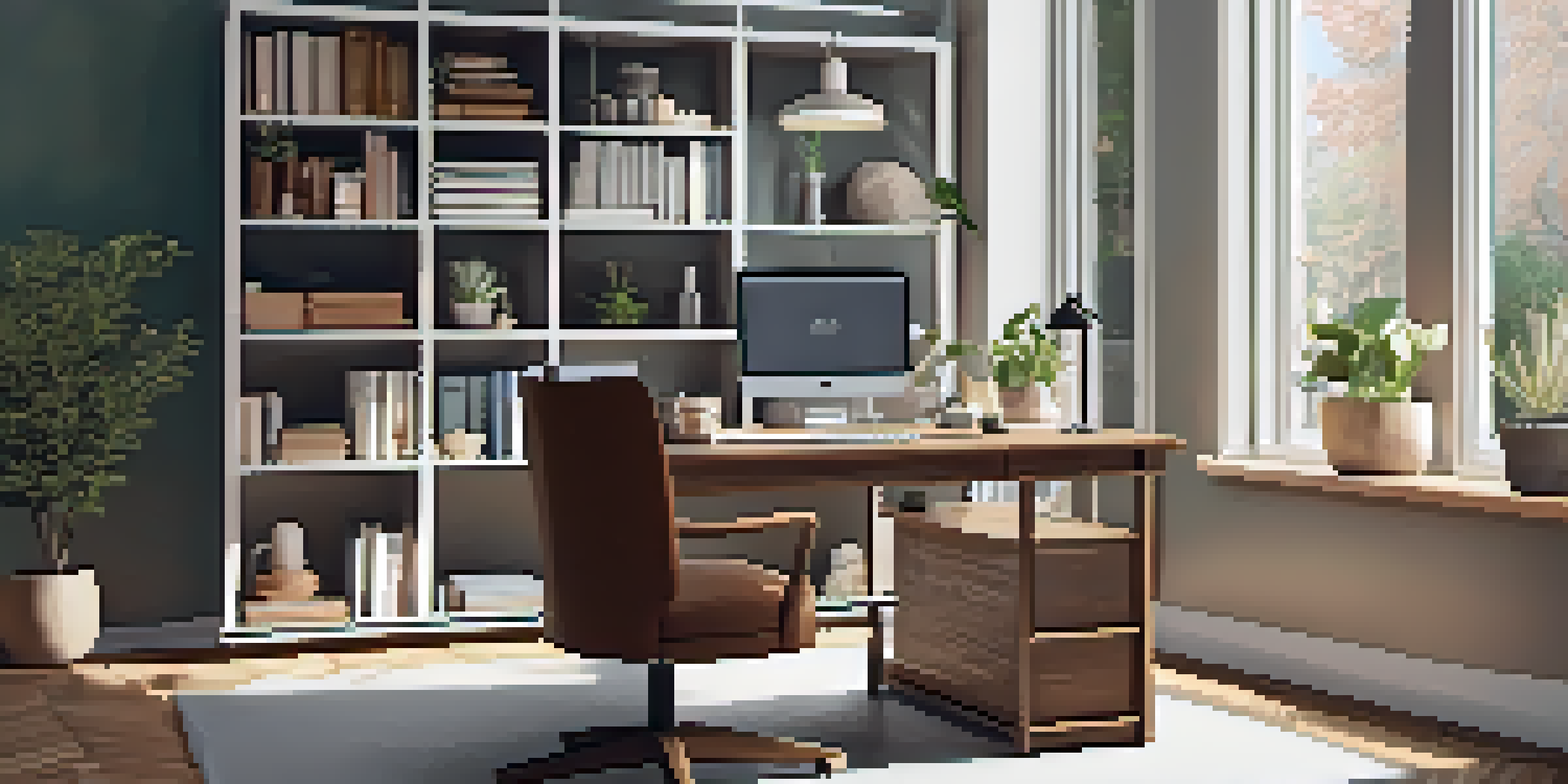 A cozy home office with a desk by a window, featuring a laptop, a plant, and a coffee cup, with a warm, inviting atmosphere.