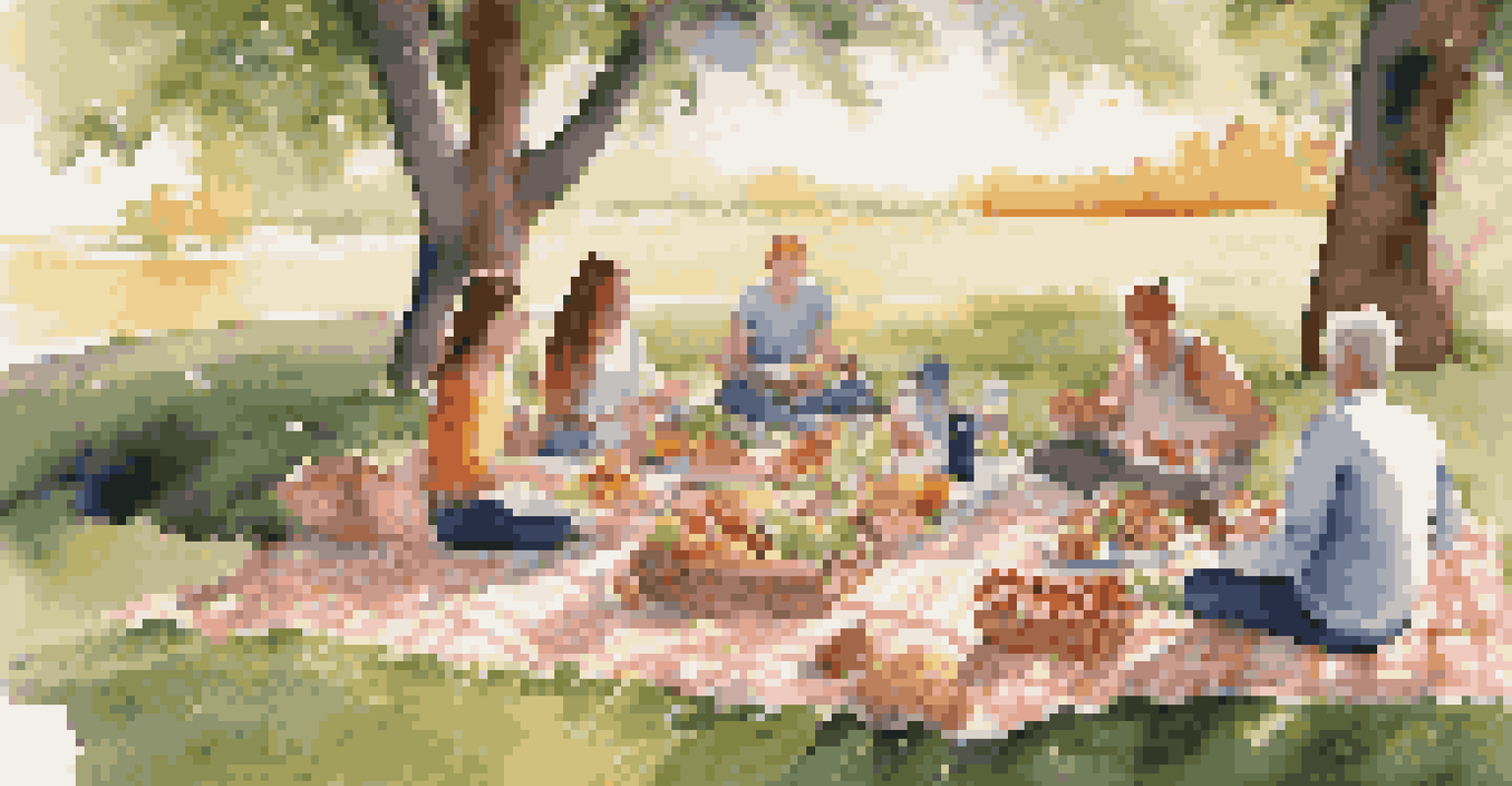 An outdoor picnic scene with a blanket on the grass, filled with healthy snacks and people enjoying their meal in sunlight.