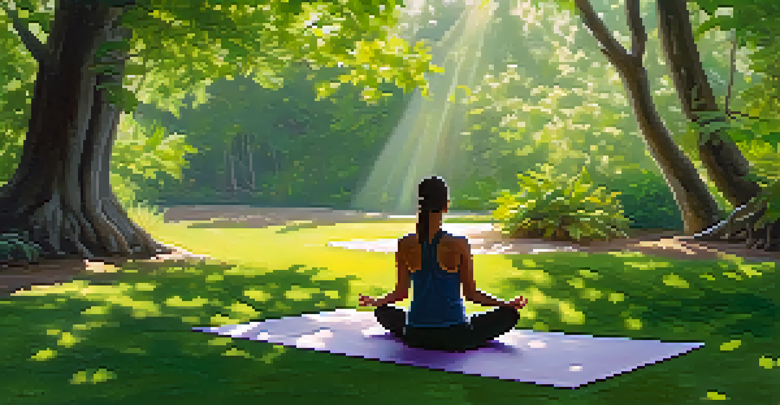 A person meditating outdoors in a peaceful setting surrounded by greenery and soft sunlight.