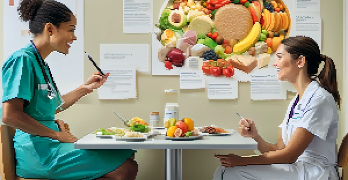 A patient and nutritionist discussing a personalized nutrition plan with charts in the background.