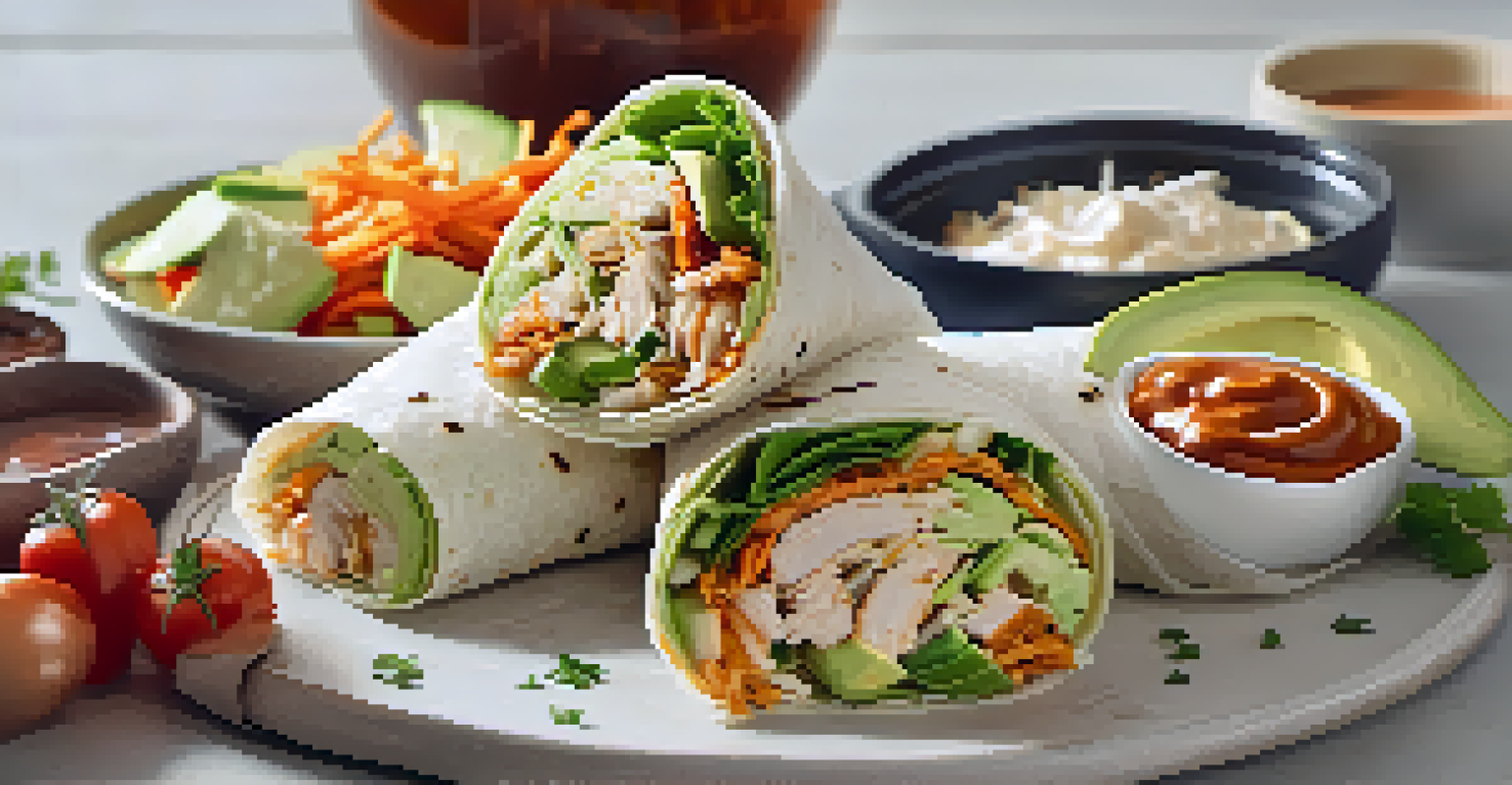 A plate of assorted make-ahead wraps, including BBQ chicken, turkey and avocado, and veggie wraps, garnished with fresh herbs.