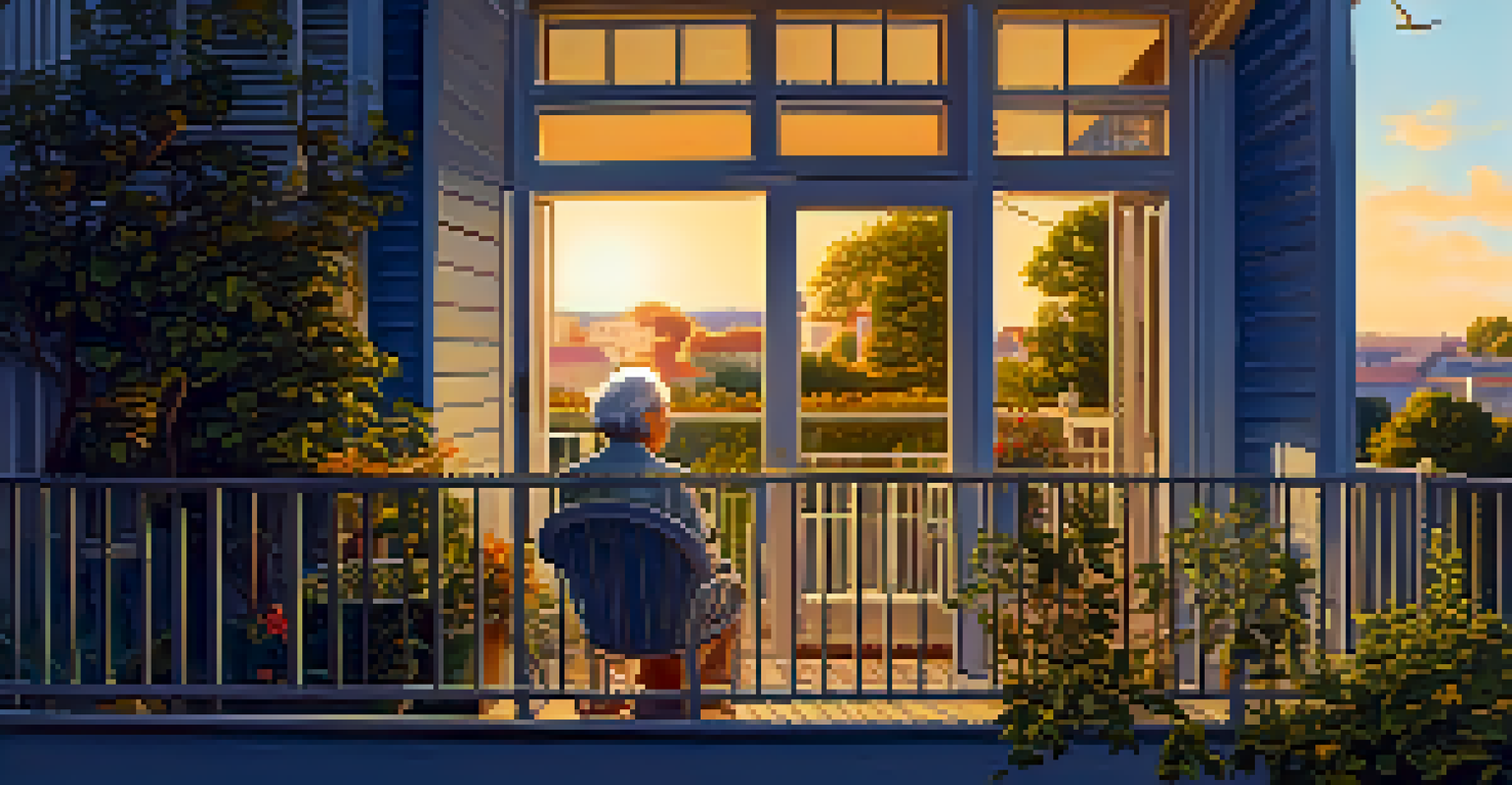 An elderly person on a balcony surrounded by plants, looking out over a peaceful neighborhood at golden hour.