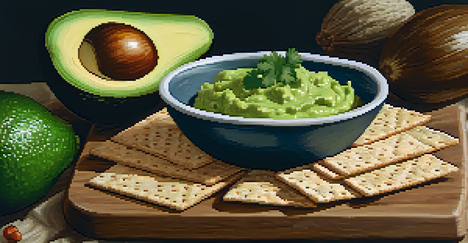 A bowl of guacamole with whole-grain crackers on a cloth, surrounded by fresh avocados and lime.