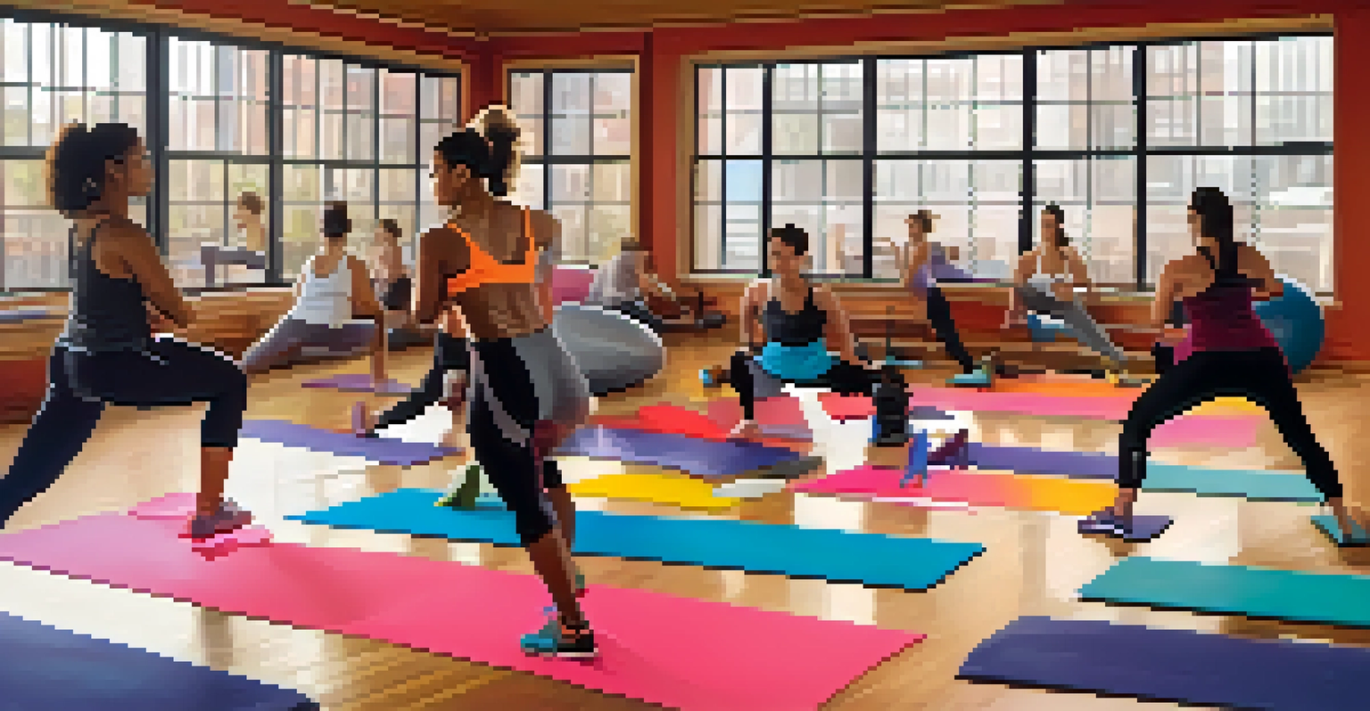 A fitness class inside a brightly lit room with a diverse group of participants following a professional instructor, all engaged in the workout.