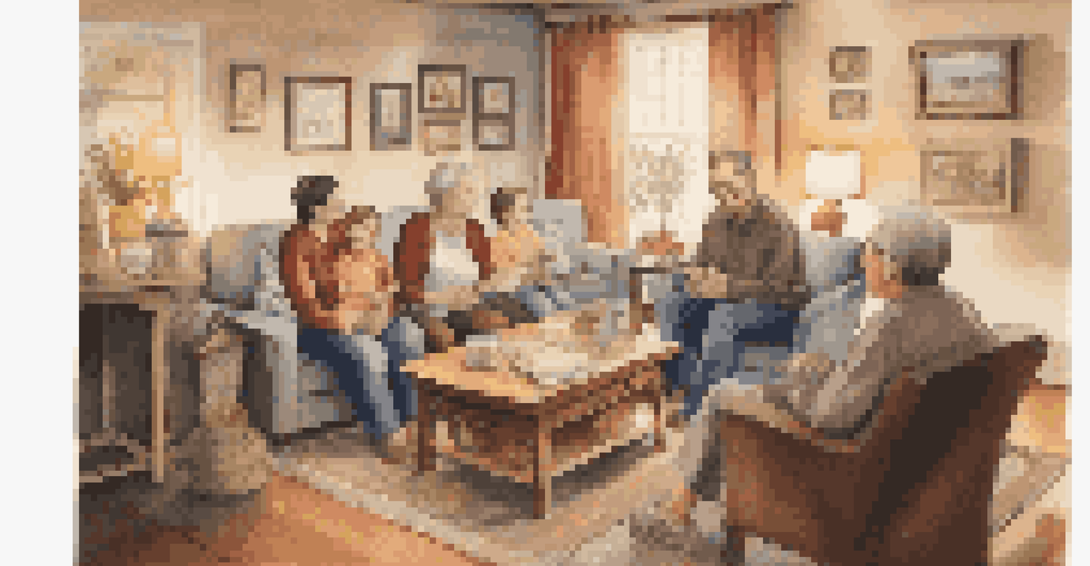 A family sitting in a cozy living room discussing their health history, with a chart visible on the table.