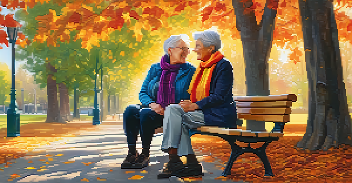 An elderly LGBTQ+ couple sitting on a park bench in autumn, surrounded by colorful leaves and sunlight filtering through the trees.