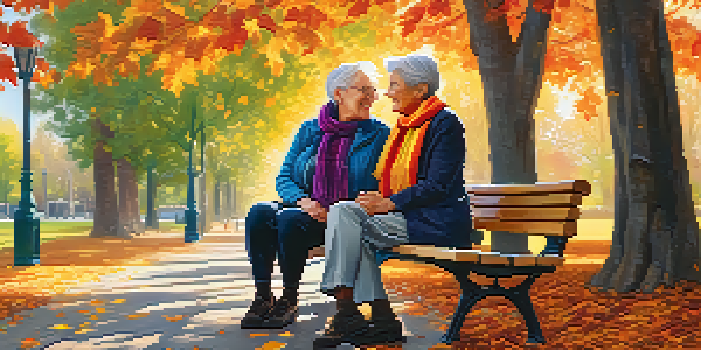 An elderly LGBTQ+ couple sitting on a park bench in autumn, surrounded by colorful leaves and sunlight filtering through the trees.