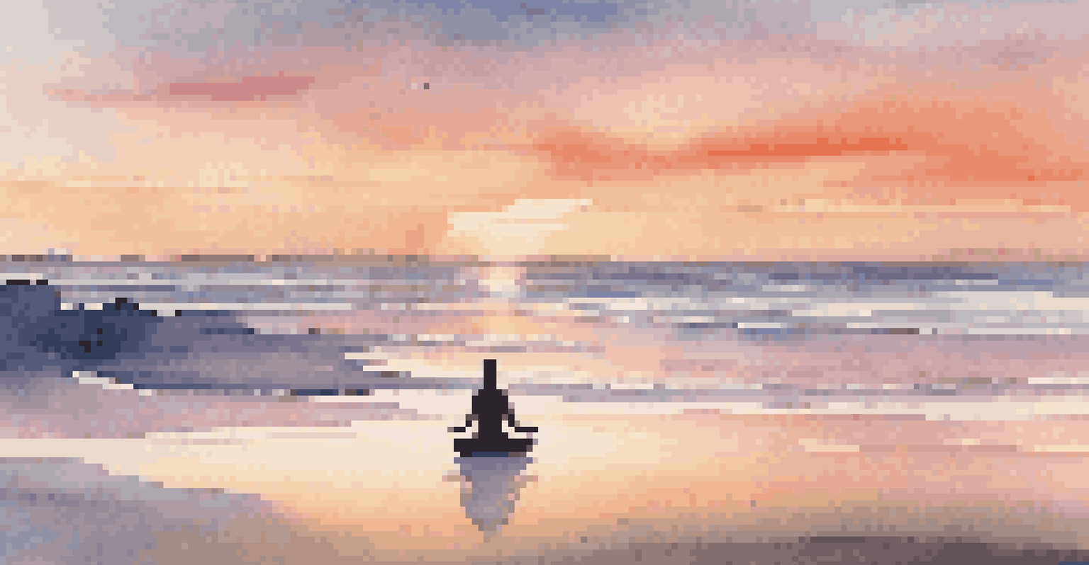 A person practicing yoga on a beach at sunrise, with soft waves and a colorful sky.