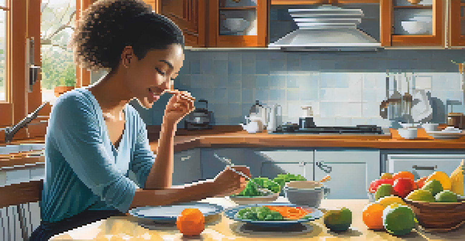 A person in a kitchen expressing gratitude before a colorful meal on the table.
