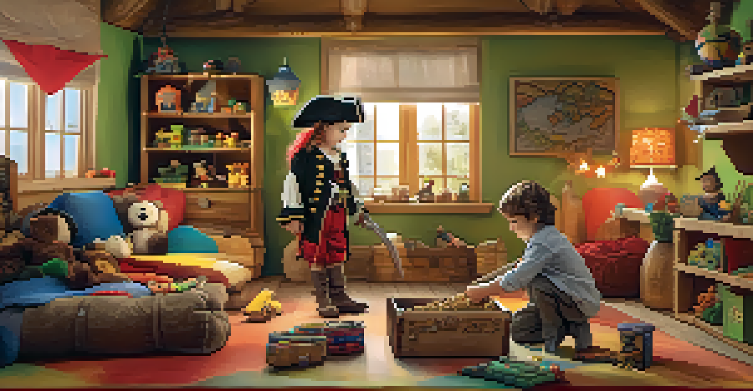 Children engaged in imaginative play indoors, dressed as pirates with a treasure map.