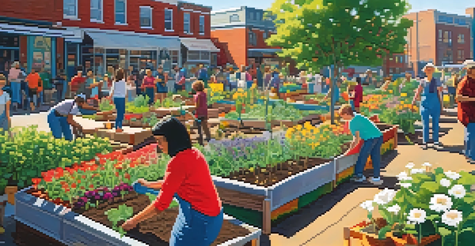 A lively community garden with people of different ages planting vegetables and flowers under bright sunlight.