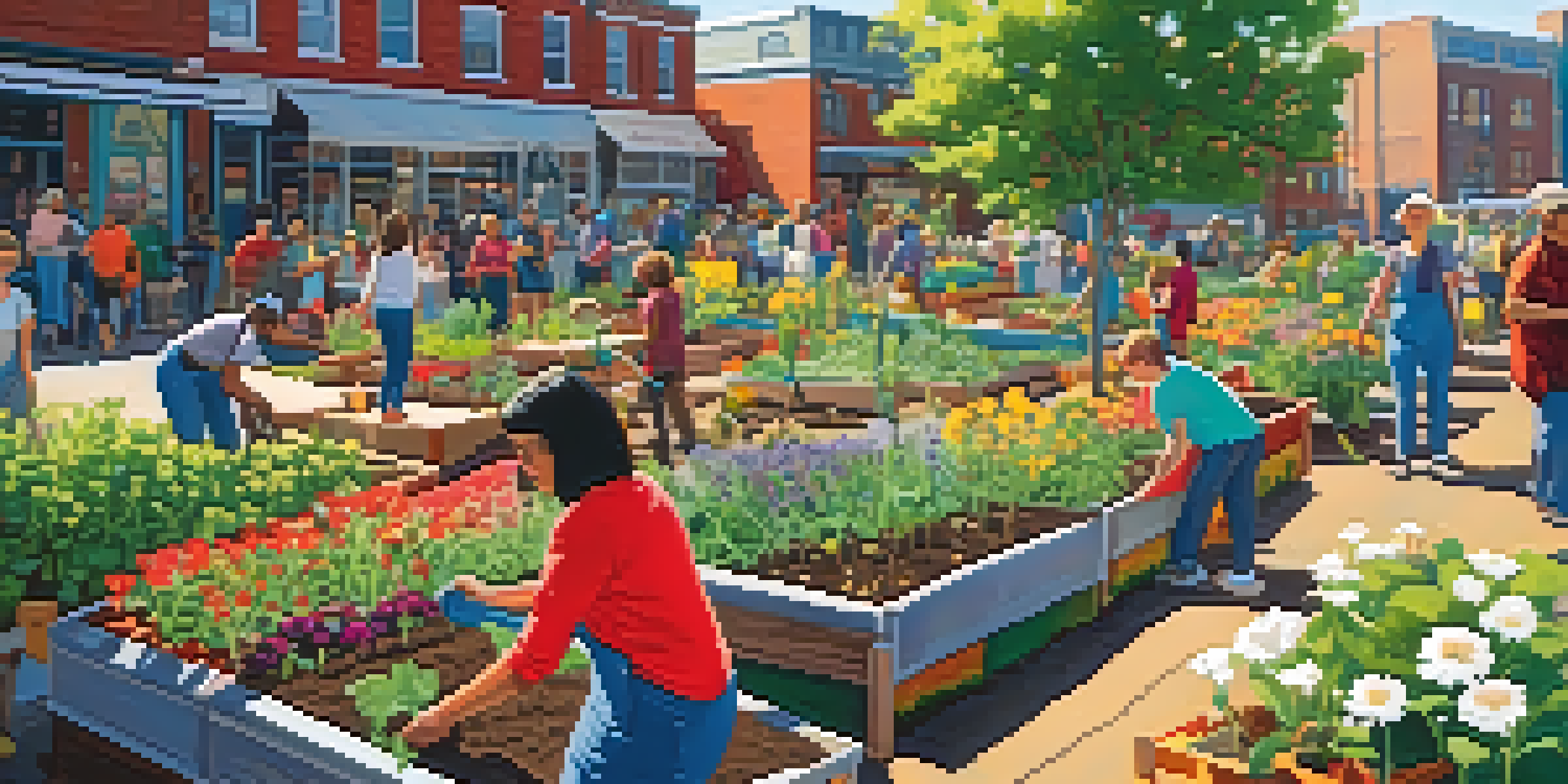 A lively community garden with people of different ages planting vegetables and flowers under bright sunlight.