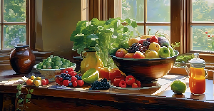 A bright kitchen with a wooden table displaying colorful fruits and vegetables, bathed in soft morning light.