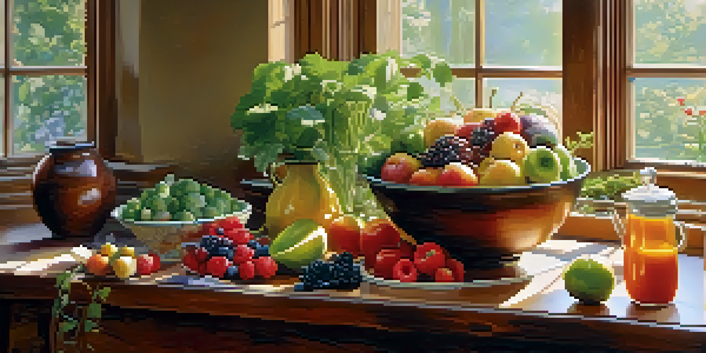 A bright kitchen with a wooden table displaying colorful fruits and vegetables, bathed in soft morning light.