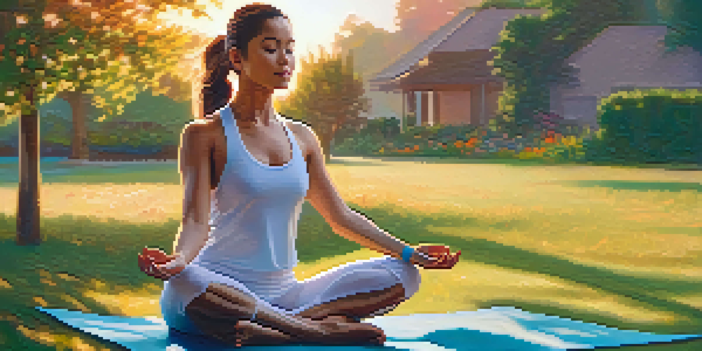 A woman practicing yoga in a sunlit park, surrounded by greenery and flowers, with a sunset in the background.