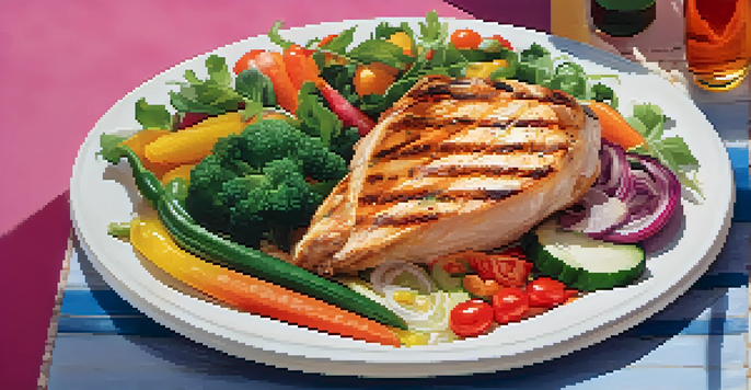 A colorful plate of a balanced meal with fresh vegetables, grilled chicken, quinoa, and olive oil under natural lighting.