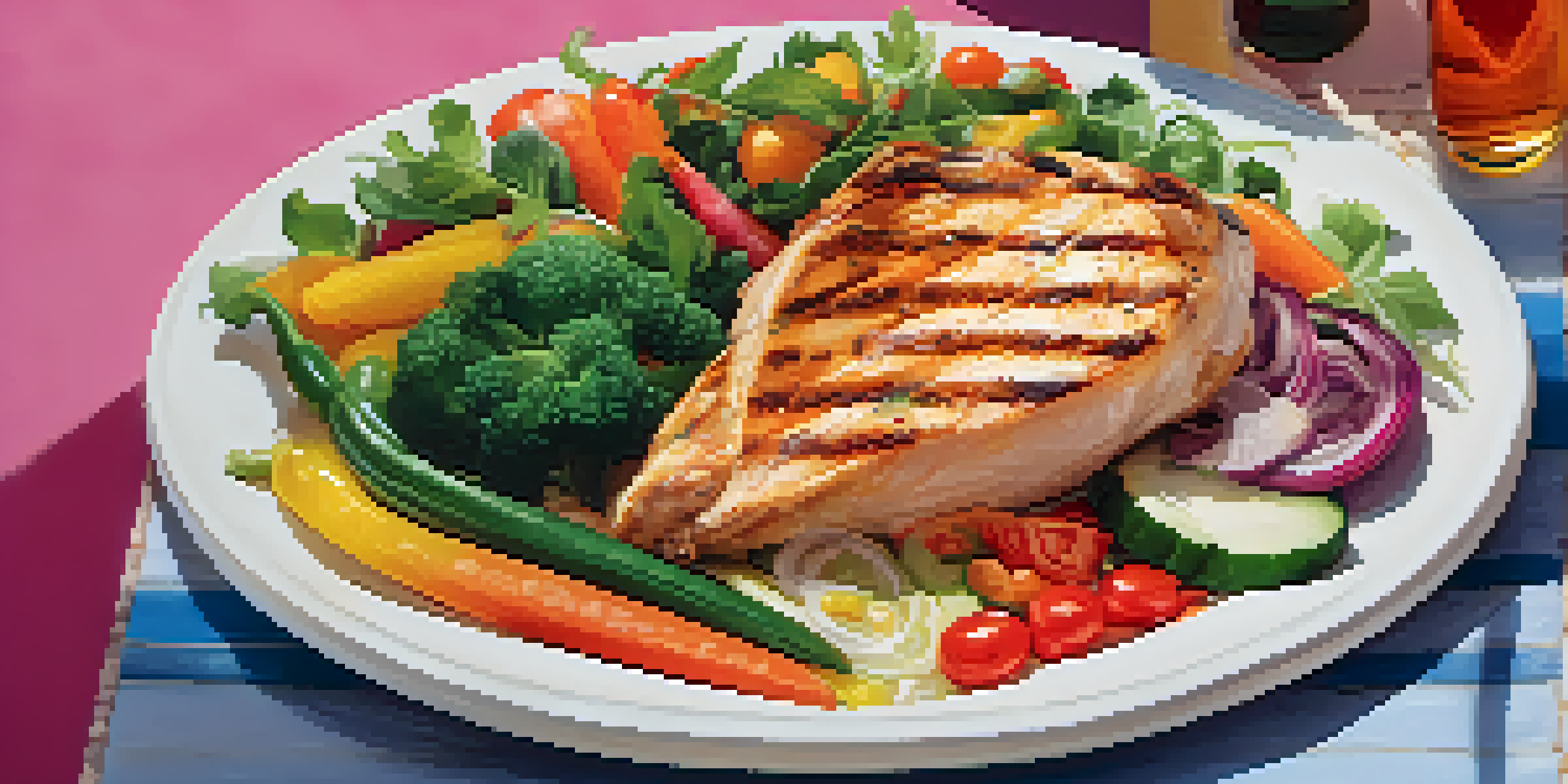 A colorful plate of a balanced meal with fresh vegetables, grilled chicken, quinoa, and olive oil under natural lighting.
