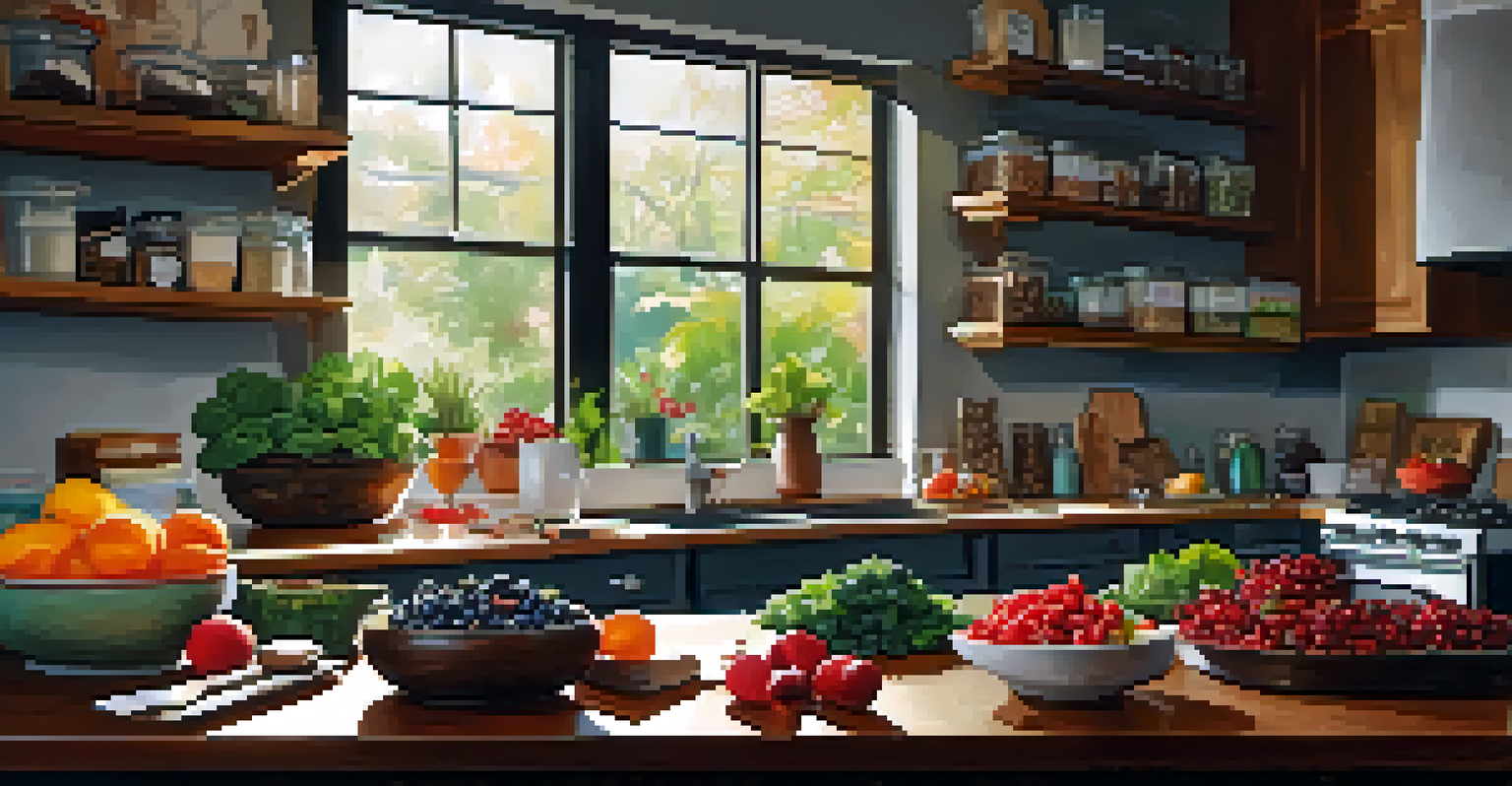 A kitchen countertop displaying various superfoods like dark chocolate, leafy greens, and berries, with natural light illuminating the scene.