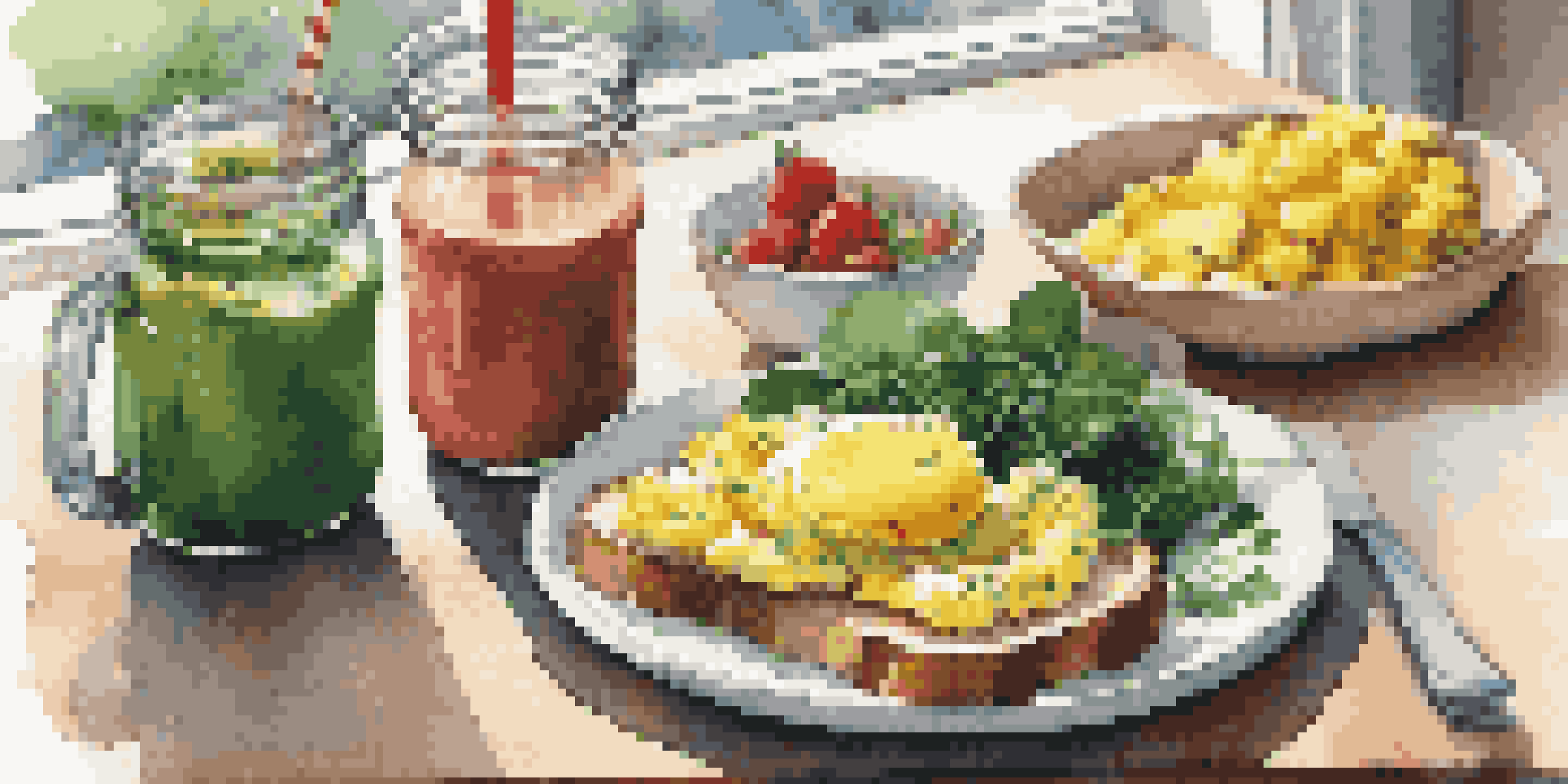 A breakfast plate with scrambled eggs on whole-grain toast and a green smoothie, illuminated by natural light.