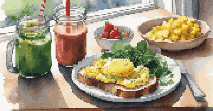 A breakfast plate with scrambled eggs on whole-grain toast and a green smoothie, illuminated by natural light.