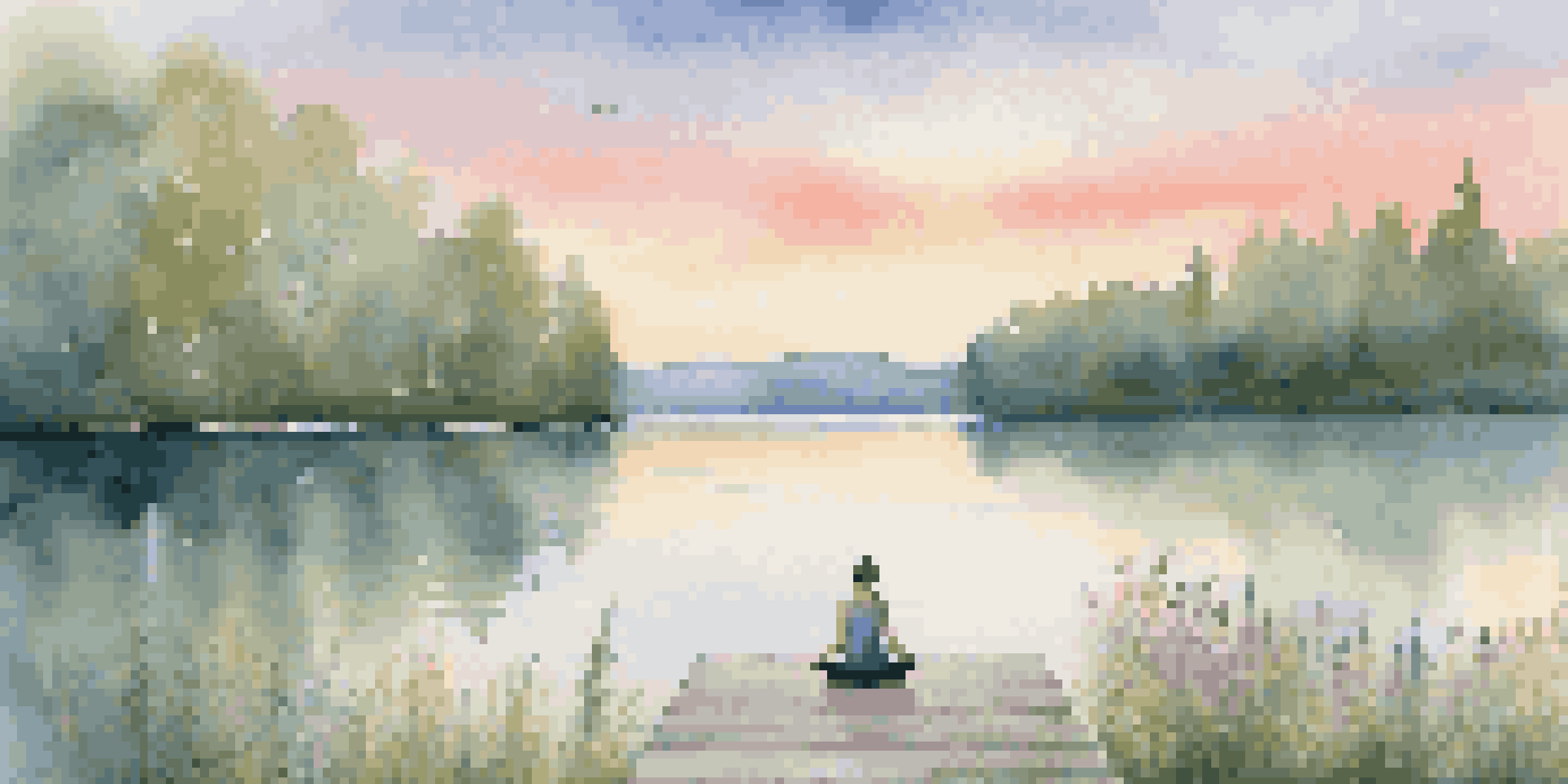 A person doing yoga on a dock at sunrise, with a calm lake and colorful reflections in the water.