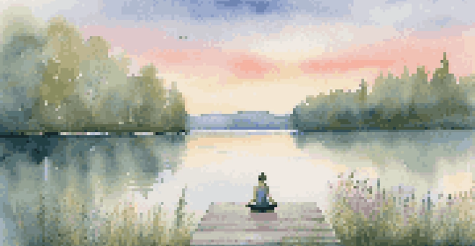 A person doing yoga on a dock at sunrise, with a calm lake and colorful reflections in the water.