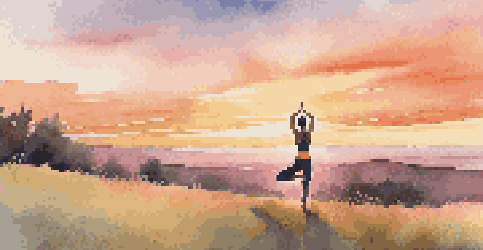 A person practicing yoga on a hill at sunset with a colorful sky.