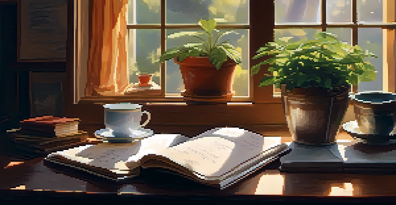 A person journaling in a cozy nook with sunlight, tea, and a potted plant, creating a reflective atmosphere.