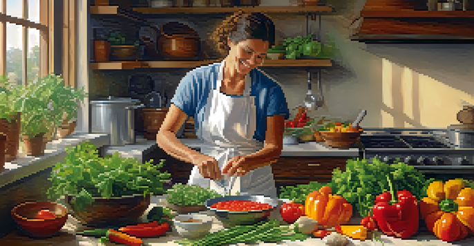 A cheerful chef preparing a healthy meal in a warm kitchen, surrounded by fresh ingredients and a simmering pot.