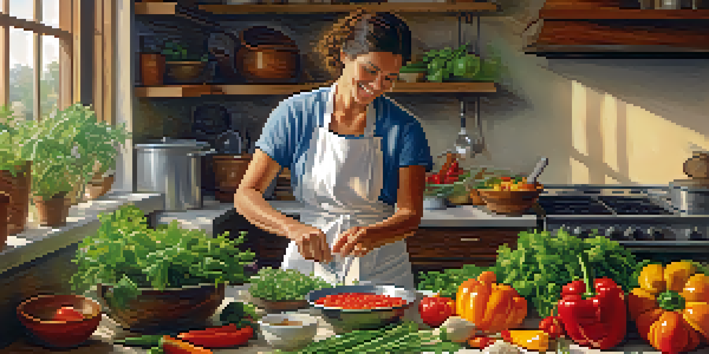 A cheerful chef preparing a healthy meal in a warm kitchen, surrounded by fresh ingredients and a simmering pot.