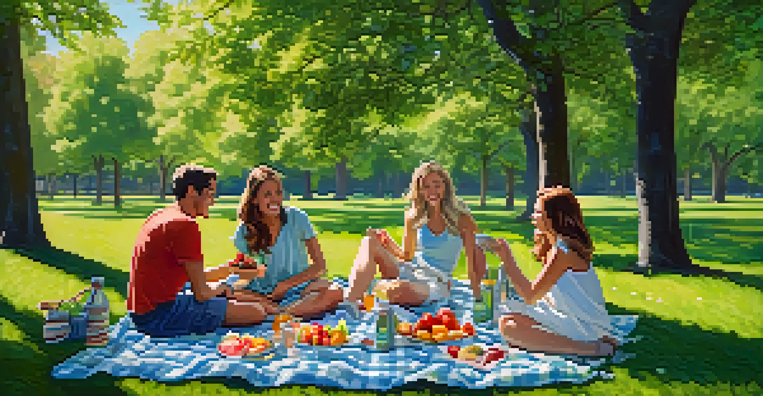 A picnic in a park with a blanket, healthy snacks, and friends enjoying their time together.