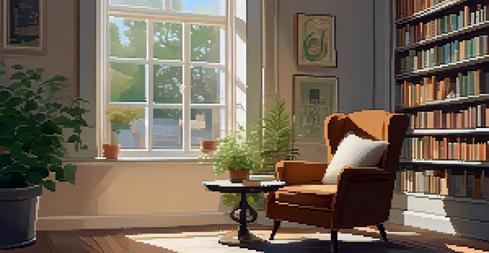 A cozy reading nook with an armchair, bookshelf, and natural light coming through a window, creating a warm and inviting atmosphere.