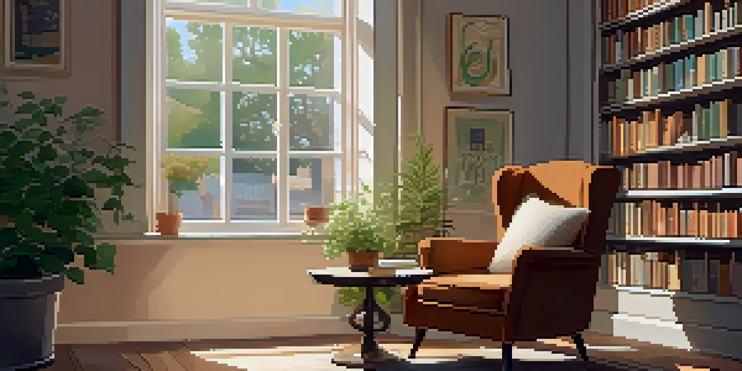 A cozy reading nook with an armchair, bookshelf, and natural light coming through a window, creating a warm and inviting atmosphere.