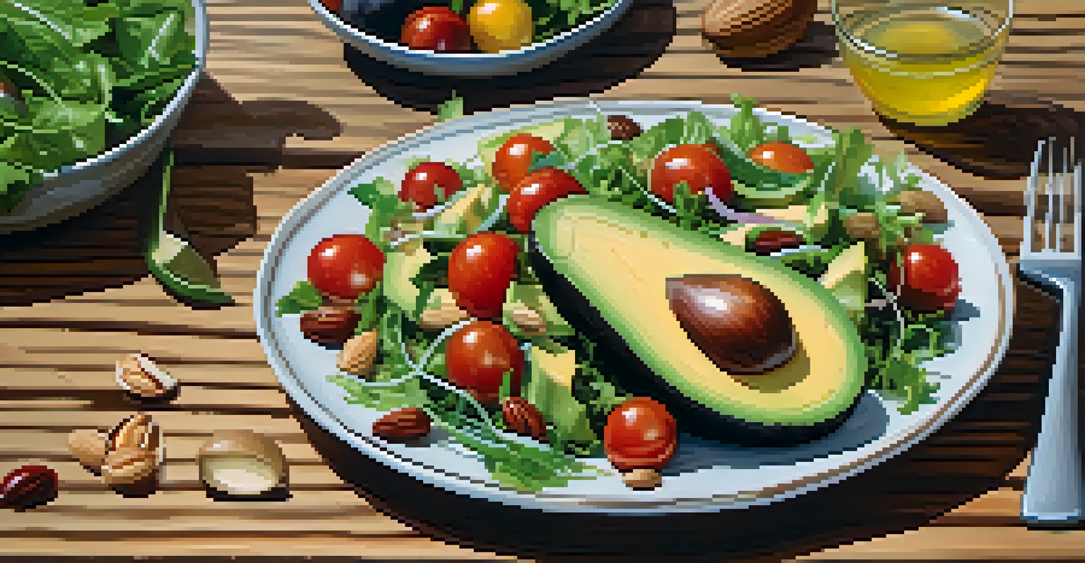 A close-up of a healthy salad featuring mixed greens, cherry tomatoes, sliced avocados, and nuts on a wooden table.