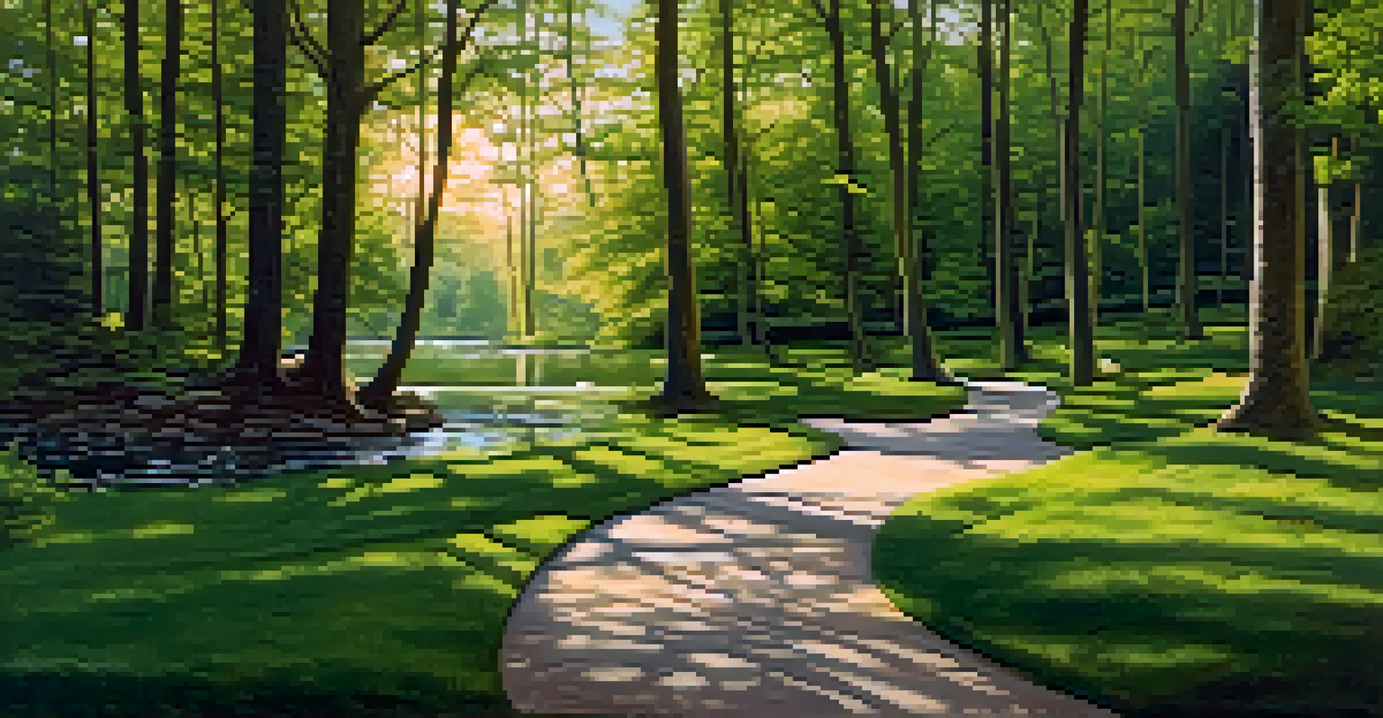 A tranquil forest path with sunlight filtering through leaves and a calm pond reflecting nature.