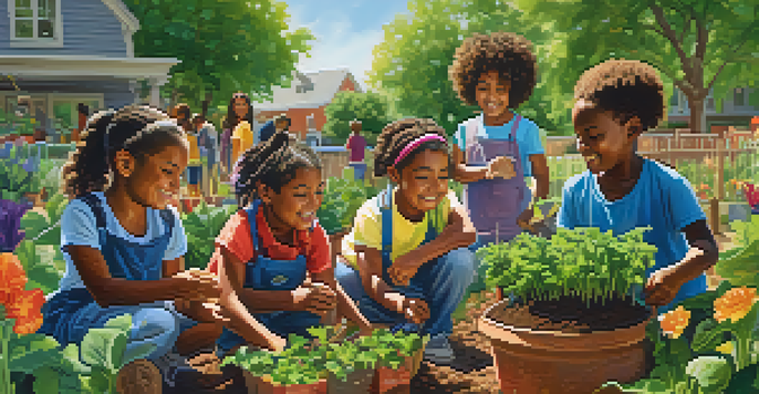 Children of diverse backgrounds working together in a colorful community garden, planting and watering plants with happy expressions.