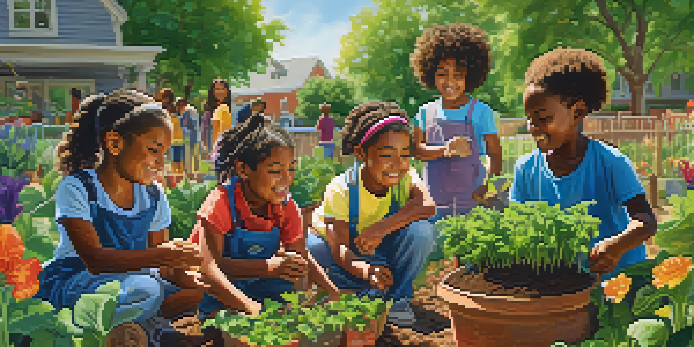 Children of diverse backgrounds working together in a colorful community garden, planting and watering plants with happy expressions.