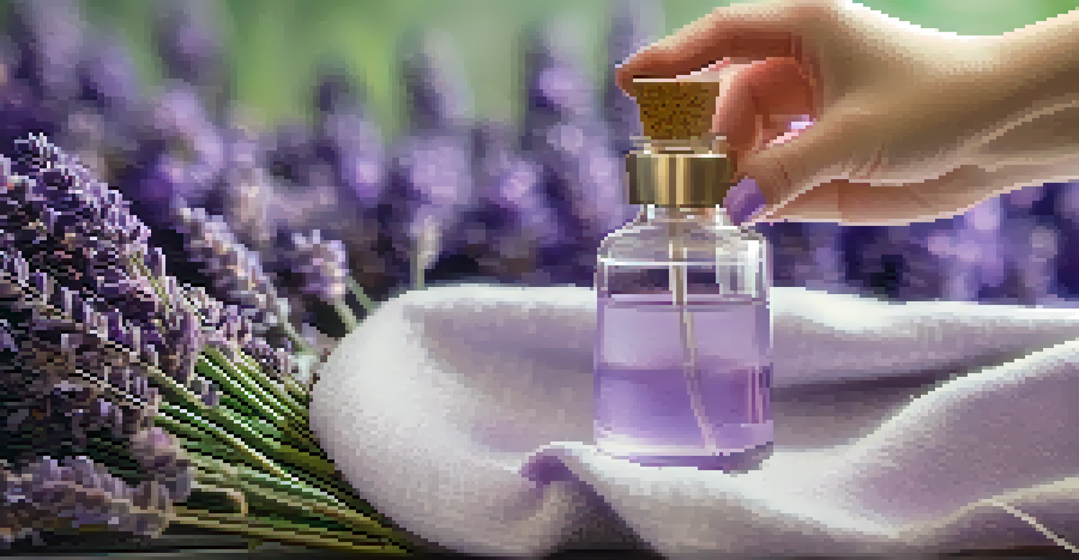 A close-up of a hand holding lavender essential oil with lavender flowers and soft fabric in the background.