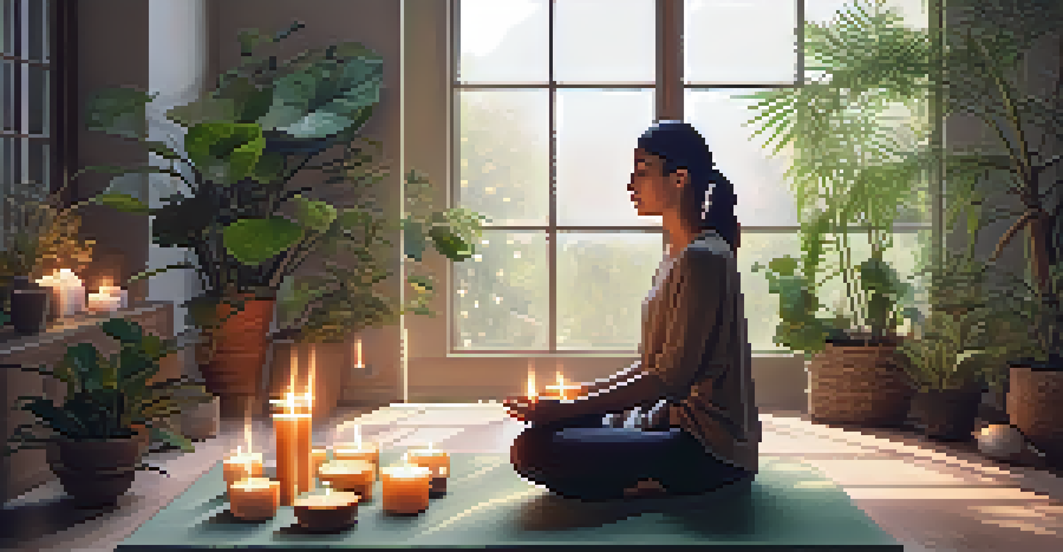 A person meditating indoors on a mat surrounded by candles and plants, with natural light creating a calm and peaceful atmosphere.