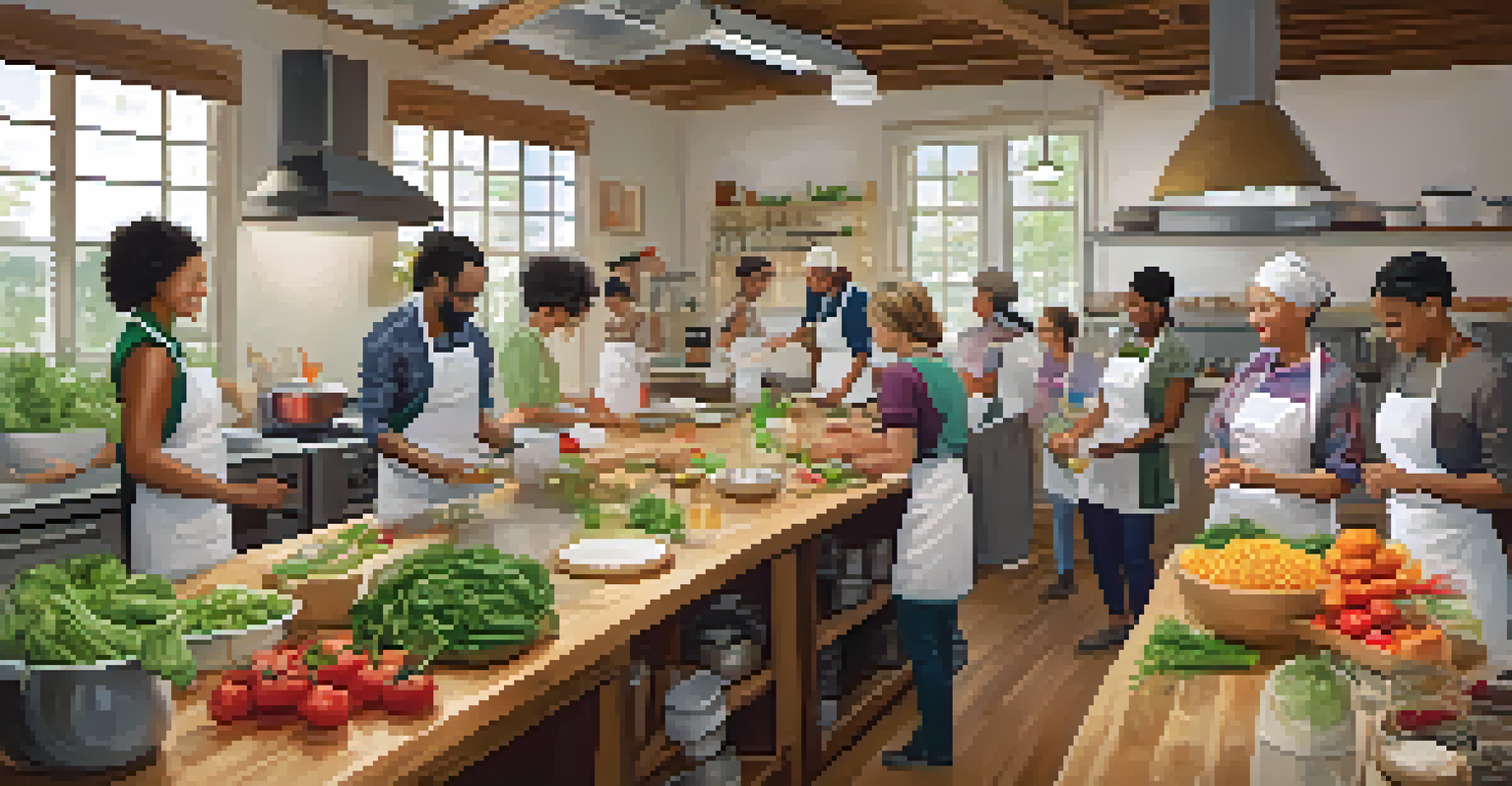 A diverse group of individuals participating in a hands-on cooking class led by an instructor in a bright kitchen.