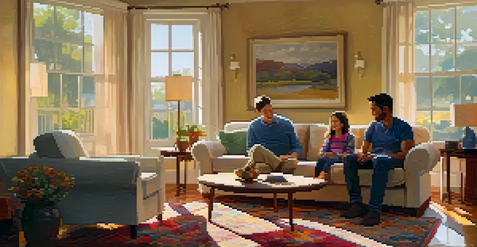 A parent and child having a deep conversation in a warmly lit living room with family photos on the walls.