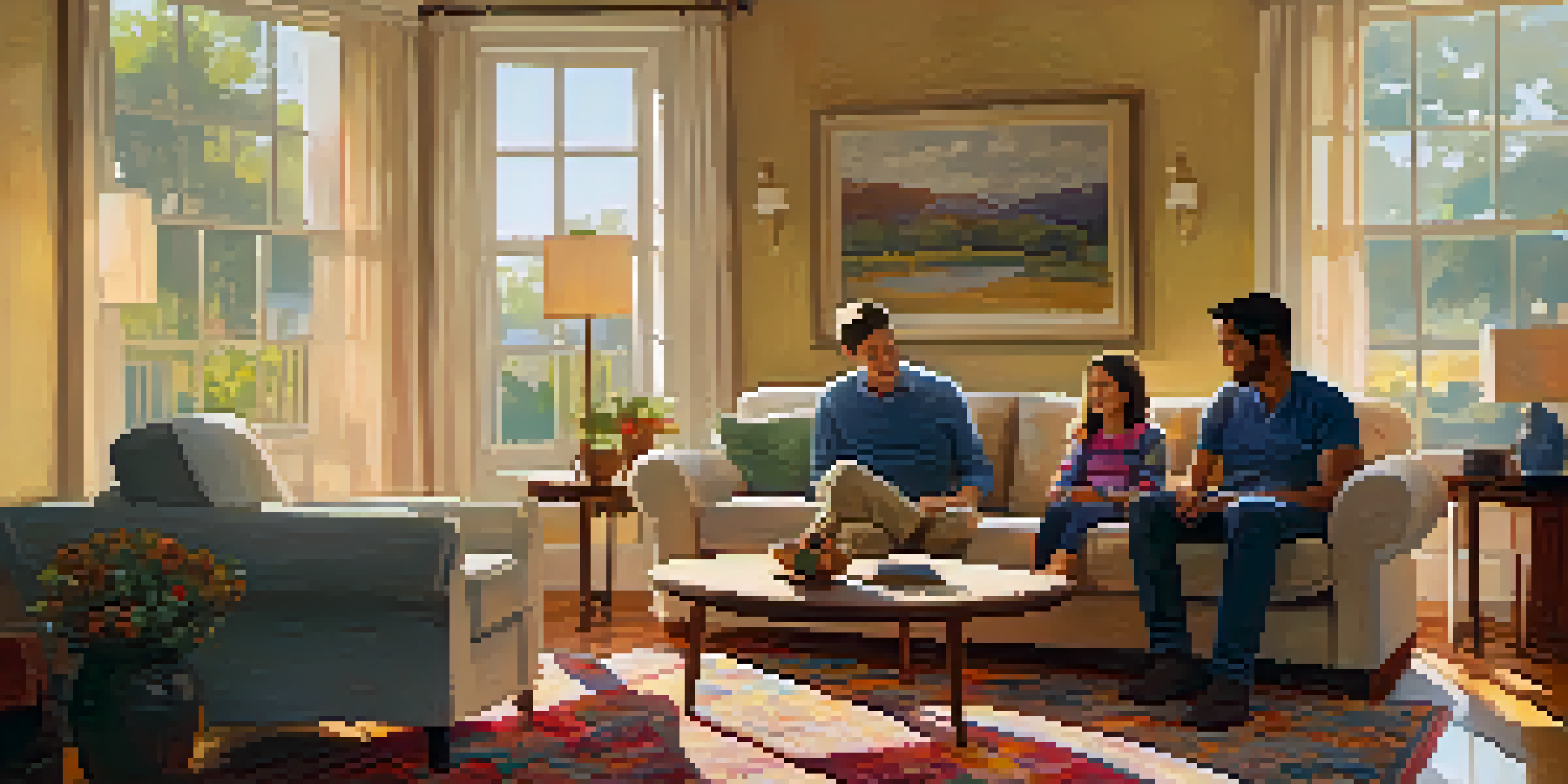 A parent and child having a deep conversation in a warmly lit living room with family photos on the walls.