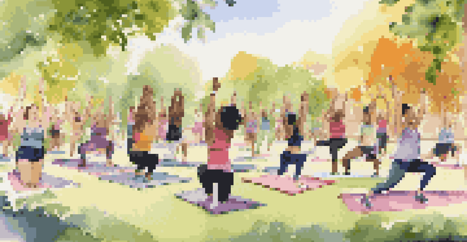 A diverse group of people participating in an outdoor fitness class, displaying teamwork and healthy lifestyle choices in a sunny park.