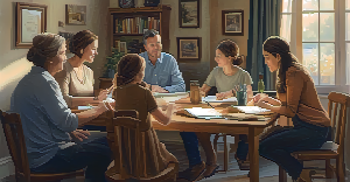 A family discussing their health history at a table, with warm lighting and family photos in the background.