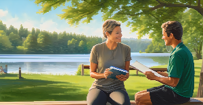 A health coach and a client talking by a peaceful lake, with trees and sunlight creating a warm atmosphere.