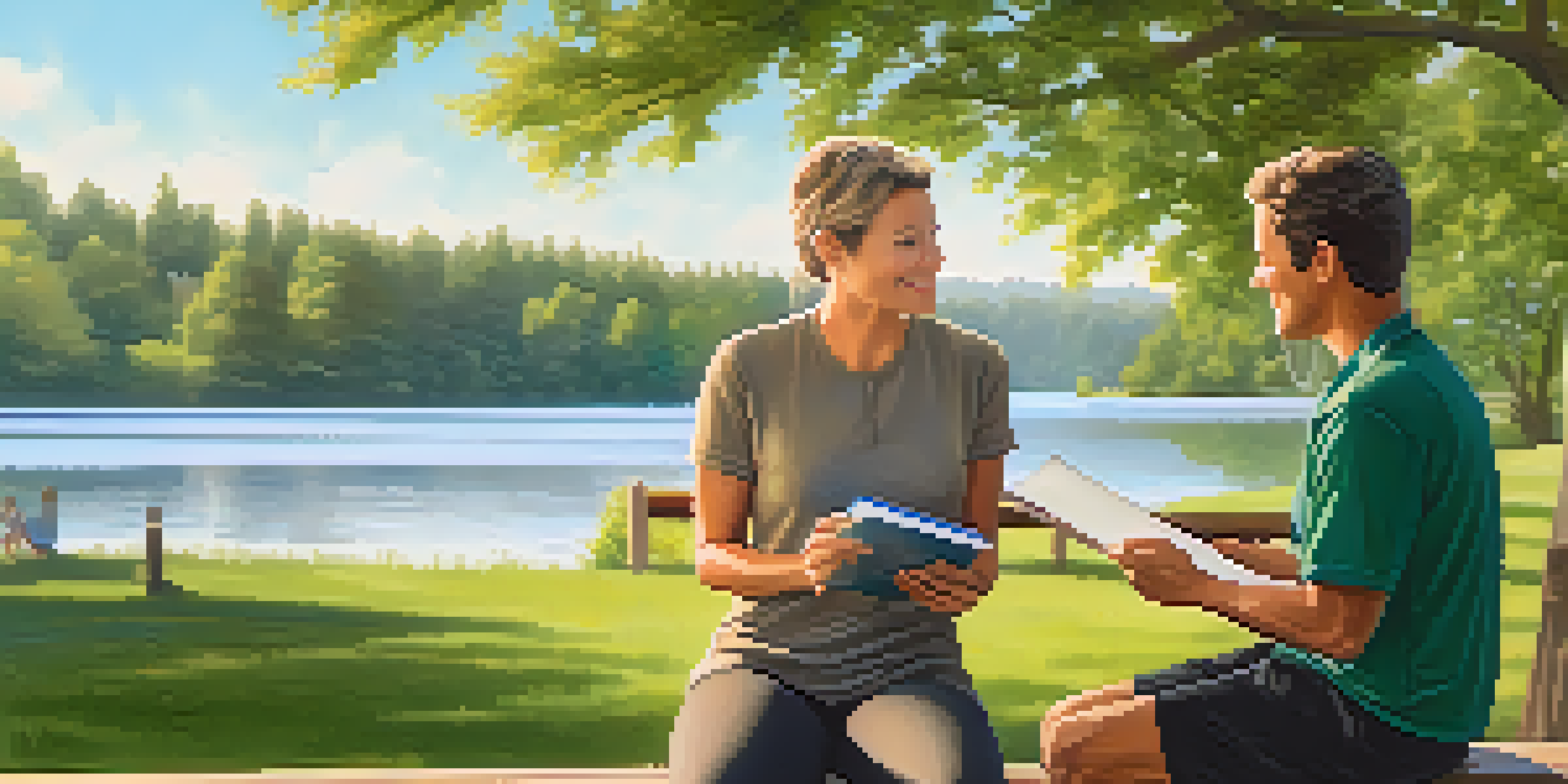 A health coach and a client talking by a peaceful lake, with trees and sunlight creating a warm atmosphere.